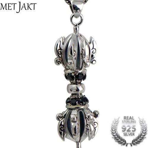 MetJakt Vintage Buddhism Vajra Pendant with Obsidian and Snake Chain Solid 925 Sterling Silver Mens Lucky Peace Jewelry