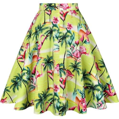 50s 60s retro swing skirts womens jupe femme vd0020 summer yellow flamingo floral print female skirt Mujer Falads