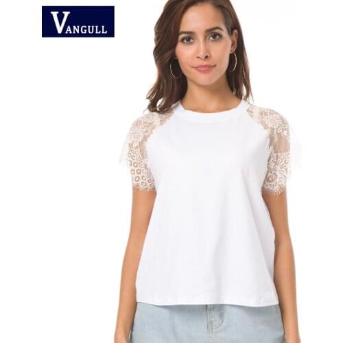 Vangull Women Lace Blouse White O-Neck Collar Women Patchwork Elegant Top 2021 Summer Casual Short Sleeve Blouse Tops Shirts