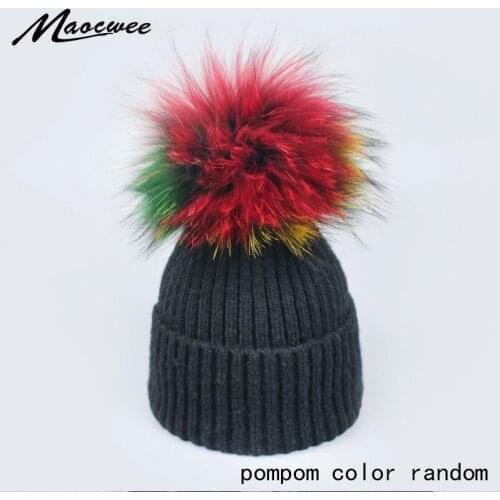 Womens hats Add velvet Fleece Inside Beanies Winter Hats for women 100% Raccoon Fur Pompom Hat Female Twist pattern Bonnet caps