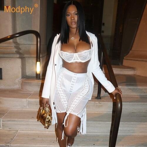 2020 New Sexy Womens Set Long Sleeve Cutout Jacket and Perspective Mesh Tassel Pants 2 Two Piece Club Celebrity Party Pants Set