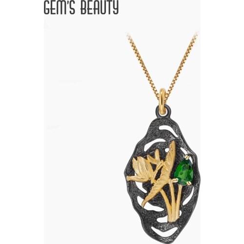 GEMS BEAUTY 18K Gold Filled 925 Sterling Silver Necklace For Women Flower Dragonfly Natural Chrome Diopside Handmade Necklace