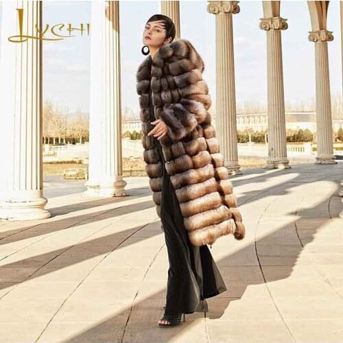 LVCHI Winter 2018 Senior custom Russian imports of sables long European hooded coat With Fur Hood Wave Cut X-Long Mink Fur Coat
