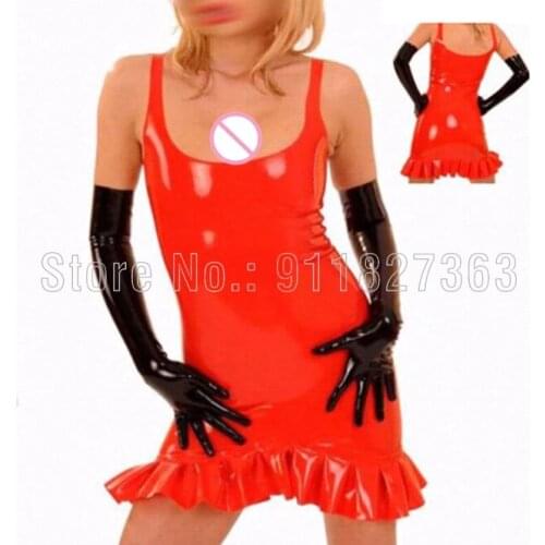 100% Natural Latex Dress Sexy Women Red Latex Rubber Unique Party Skirt Lace Trim Club Wear w/o Gloves Customized