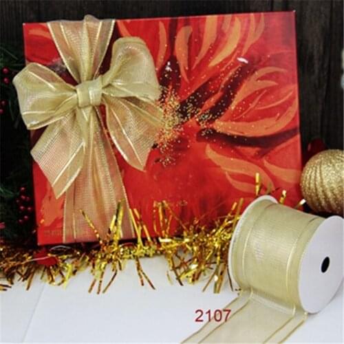 N2107 63MM X 25yards roll Wholesales cream organza metallic gift packaging wired edge ribbon