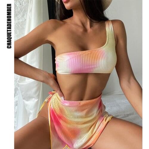 Gradient High Waist Bikini One-shoulder Sexy Swimsuit Women Three Pieces Bikini Push Up Swimwear Swimsuit Bathing Suit Beachwear