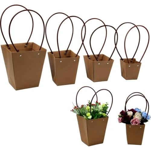 Flowers Carry Bag Rectangular Kraft Paper Bags PVC Flower Box With Handle Waterproof Bouquet Florist Rose Party Decoration