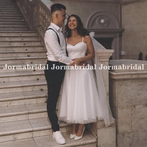 Cheap Tea Length Wedding Dresses With Streamer White Ivory Bohemia Beach Dresses Spaghetti Straps Bridal Gowns Vestido De Noiva