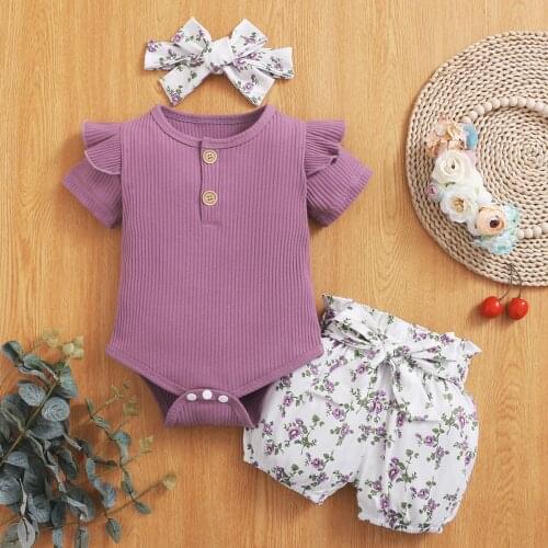 Baby Girl Clothes Set Purple Button 3Pcs Bodysuit+Pants+Headband Cotton Kids Clothes Outfits Toddler Girl Spring Summer Clothing
