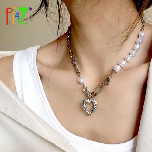 F.J4Z Silver Titanium Steel Heart Collares Statement Metal Curb Chain Irregular Pearl Collar Necklace for Women Anniversary Gift