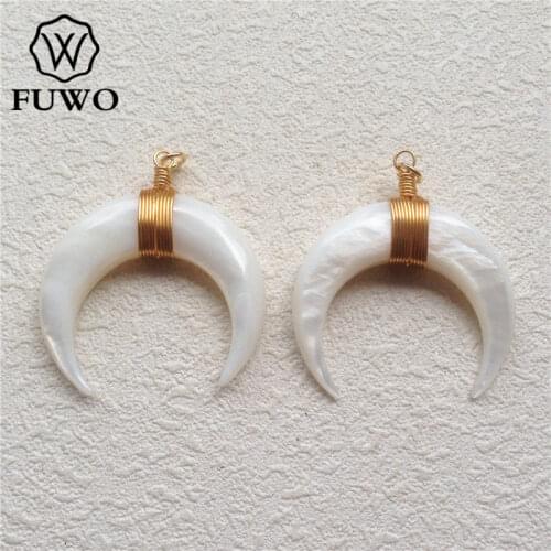 FUWO Gold Color Double Horn Pendants With Anti-fading Brass Wire Wrap Big Size Raw Sea Shell Jewelry Wholesale PD562 35mm