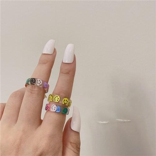 Cute Hot Geometric Round Transparent Colorful Acrylic Resin Smiley Love Heart Finger Ring For Women Girls Party Summer Jewelry
