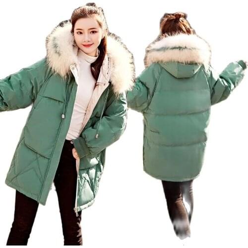 New Cotton Clothes Female Loose Down Cotton Thicken Big Fur Collar Hooded Cotton Jacket Mid-length Bread Clothes Womens Coat