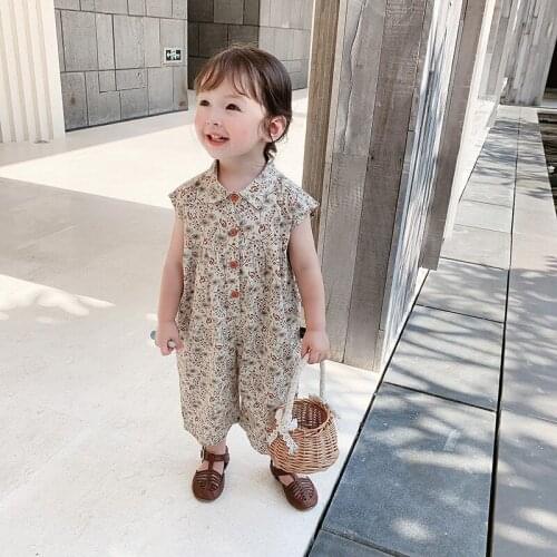 Girls 2021 Summer Bag Fart Clothes Broken Flower Lapel Sleeveless One-piece Baby Clothes One Pjumpsuit