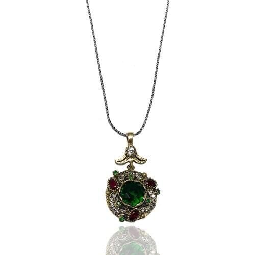 Midyat Silver World Rose Model Green Stone Pattern Lady Necklace