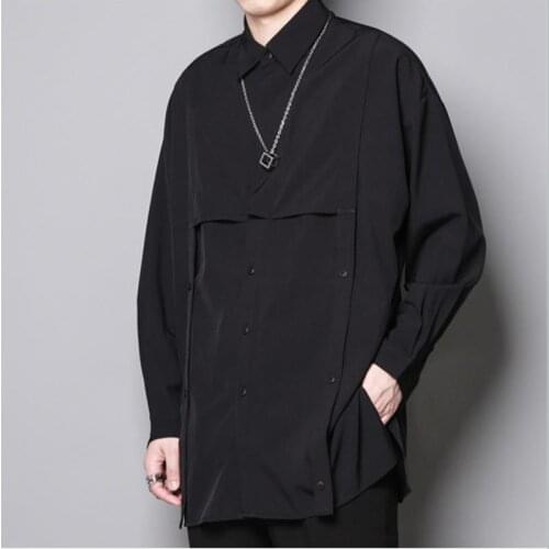 Mens Long Sleeve Shirt Spring And Autumn Lapel Solid Color Button Rectangular Personality Cut Stitching Design Shirt