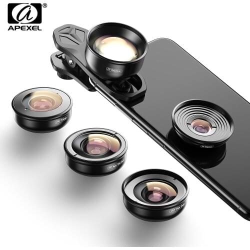 APEXEL 4K Lens Kit 5 in 1 Camera Portrait Wide Macro Lens Super Fisheye Lens CPL Filter for Mobile iPhone Samsung all cellphones