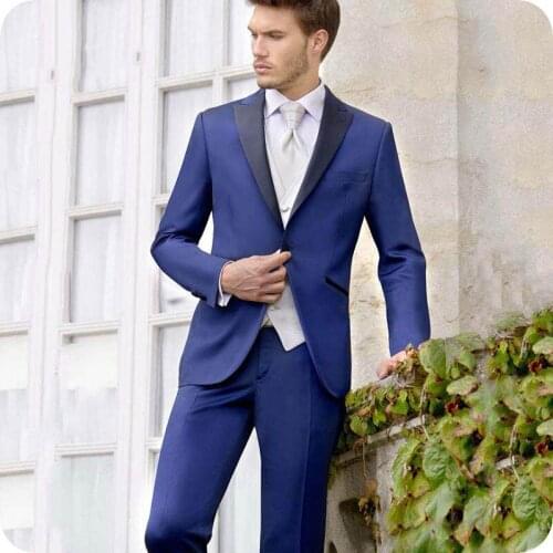 Latest Coat Pant Designs Royal Blue Men Suits for Wedding Black Peaked Lapel Groomsmen Suit 2 Pieces Groom Tuxedo Costume Homme