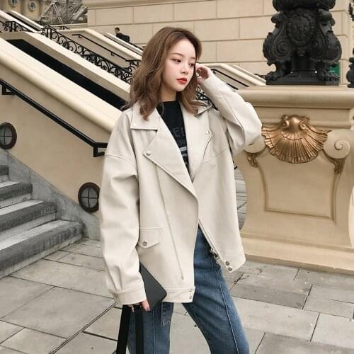 New Autumn Women Faux Leather Jacket Biker Black Beige Coat Turndown Collar PU Motorcycle Jackets Loose Streetwear Outerwear