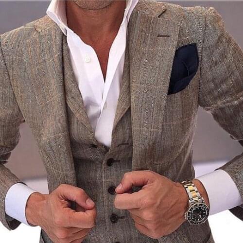 Grey plaid Men Slim Fit Groom Suits Two Buttons Notch Lapel Men Wedding Tuxedos Fashion Cloth For Men jacket +pant+vest
