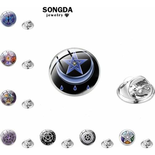 SONGDA Black On White Pentacle And Runic Elements Badge Brooch Pin Wiccan Pagan Pentagram Zodiac Decorative Brooches For Women