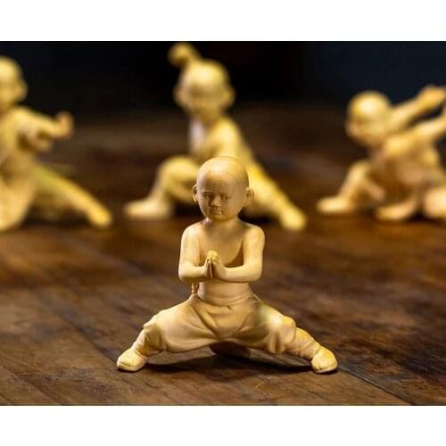 Boxwood 8cm Four Kungfu Monk Sculpture Wood Carving Buddha Statue Home Decor