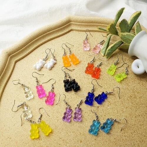 Harajuku Retro Soft Cute Girl Gummy Color Cartoon Bear Gummy Earrings Ear Hook Ear Needles no Pierced Ear Clip Women Jewelry