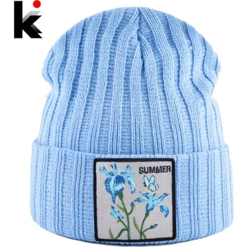 Knitted Hats For Women Streetwear Skullies Beanies With Flower Patch Spring Autumn Knitting Gorra Men Winter Casual Bonnet Cap
