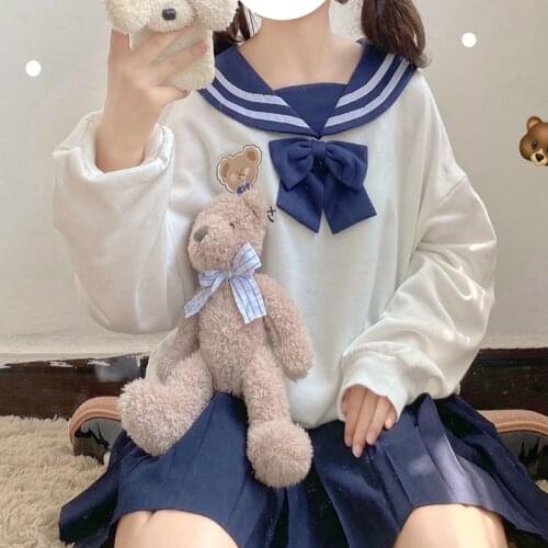 Y2k Japanese Lolita Soft Girl Preppy Style Sailor Collar Bow Bear Print Loose Top Cute Baby Doll Women Sweet Pullover Sweatshirt