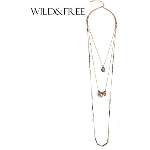Women Boho Zinc Alloy Tassel Pendant Necklace Vintage Antique Gold Plating Water Drop Pendant Long Chain 3Layer Necklace Jewelry