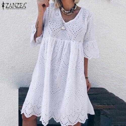 ZANZEA Womens Summer Sundress 2021 Bohemain Lace Dress Fashion Flare Sleeve Knee Length Vestidos Female Hollow Cotton Robe 5XL
