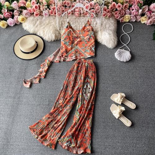 New Women Chiffon Two Piece Sets Spring Autumn Floral Printed V Neck Sexy Shirts and Pants Outfits Woman Beach Suits Clothing