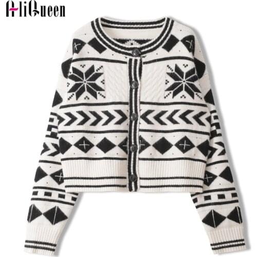2020 Fall Winter Women Retro Geometry Knitted Sweater Cardigan Female Button Down Long Sleeve Korean Casual Chic Crop Tops Coat