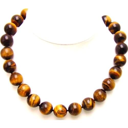 Qingmos 14mm AA Round Natural Yellow Tigers Eye Stone Necklace for Women with Genuine Stone Chokers 17" Jewelry Colar Collier