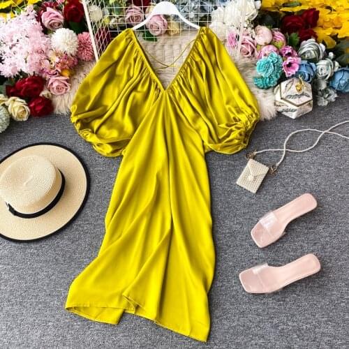 Solid Yellow Dresses Women Lace Runway Long Sleeve High Waist Party Elegant Boho Dress Spring Vintage 2021 Luxury Autumn A-Line
