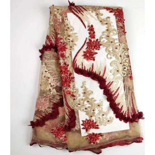 5yards/pc) High quality wine red and beige African 3d flowers French net lace fabric with beads stones for party dress FLW05