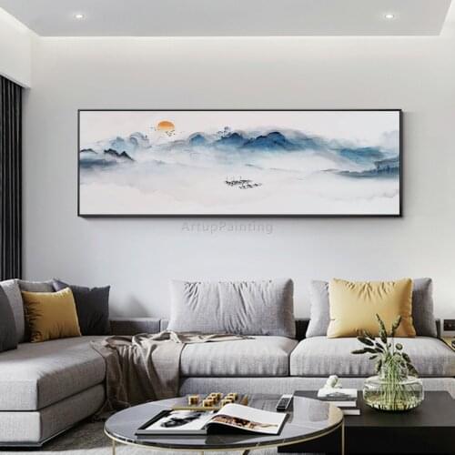 Abstract Landscape Sun White Blue Mountains Seas Hand Painting on Canvas Acrylic Heavy Texture Painting Living Room Home Decor
