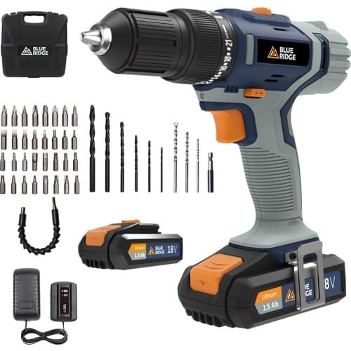 BLUERIDGE 18V Cordless Combi Drill Lithium-Ion Battery Hammer Drill BR2808K2 2x1.5ah 42N.m 13mm keyless Chuck 43pcs Accessories