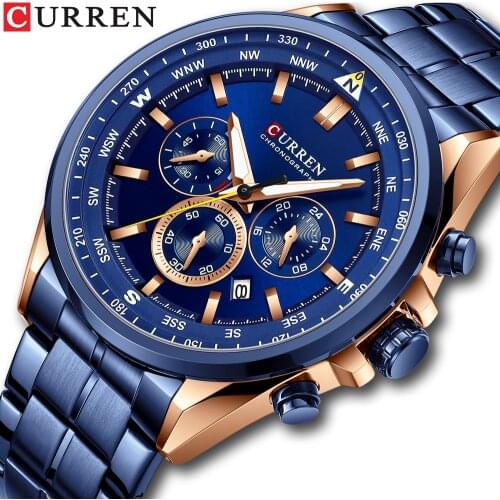 CURREN New Men Watch top Brand Luxury Blue Chronograph Wristwatch with Stainless Steel Calendar Man Quartz Watches Relogio