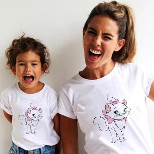 Funny Marie Cat Printed Kids Clothes Fashion Harajuku Summer Girl Kawaii Top Disney The Aristoats Graphic Ulzzang Family Look