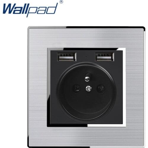 EU French Socket With 2 USB Charger Wallpad Stainless Steel Panel With Silver Border Wall Socket AC110-250V