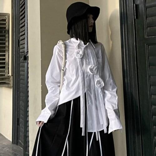 Harajuku Yamamoto 3D Rose Flowers Ribbons Tassels Shirt Floral Appliques Splice Blouse Single-breasted Cardigan Crop Tops Blusas