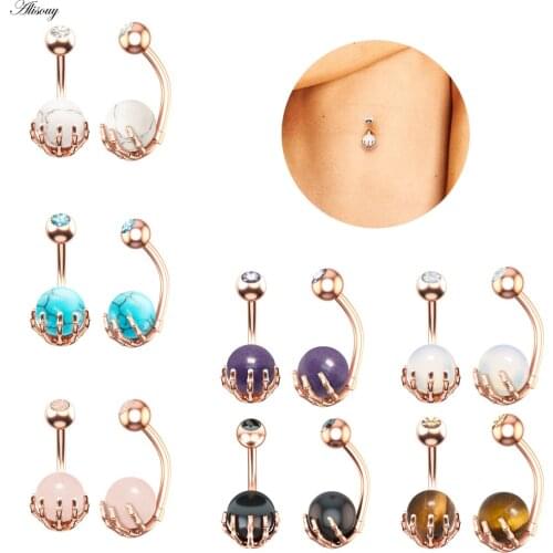 Alisouy 1 PC Stainless Steel Belly Ring Pink Blue Opal Navel Piercing 14G Zircon Belly Button Rings 5/10mm Ball Piercing Jewelry