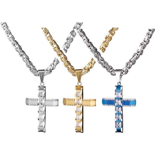 Women Men Boys' Silver Gold Blue 316L Stainless Steel Holy Cross Pendant Cubic Zirconia Religious Necklace Jewelry 20-34inch