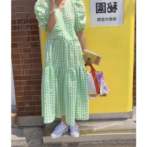 Korean Chic Sweet Fresh V Neck Puff Short Sleeve Green Plaid Dress Women Long Loose Doll Girls Vestido De Mujer Clothing