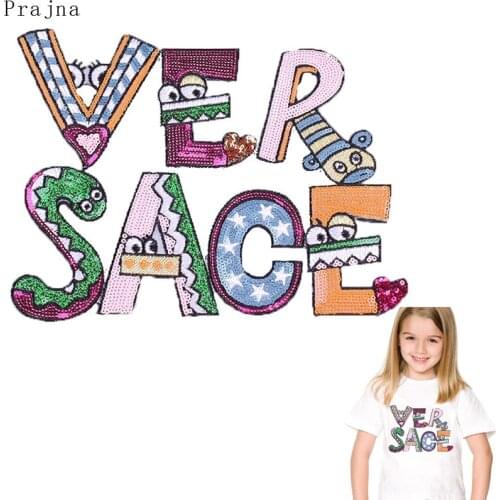 Prajna DIY Sequin Letter Patch Kids Cartoon Fruit Animals Patch Applique Embroidered Patches For Clothes Stripes Sew On Badges