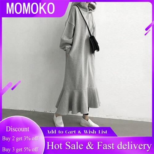 Simple Stylish Hoodie Dress Women Korean Vestido Fleece Warm Sweatshirts Long Sleeve Chic Ruffle Hooded Loose Midi Dresses