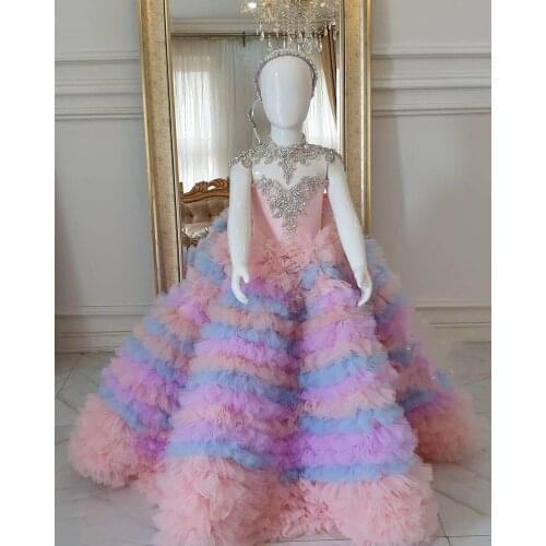 Luxury Colorful Flower Girl Dress Layered Tulle Beading Crystals Ball Gown Girls Pageant Gowns Princess Birthday Party Dress