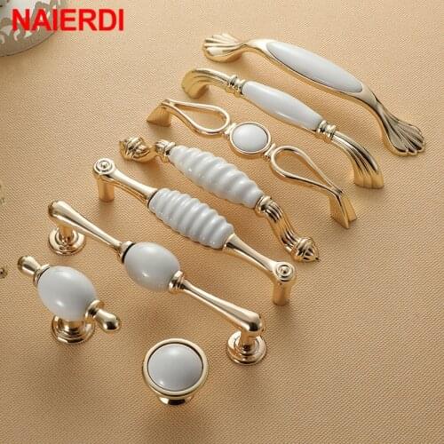 NAIERDI Gold White Creamic Gold Cabinet Handles Knobs Drawer Pulls Kitchen Door Handles Furniture Handle Cabinet Door Hardware