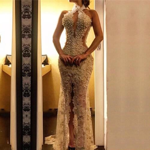 Sexy Pearls Lace Evening Dress High Neck Mermaid Prom Gown Appliques See Through Front Split Party Dresses 2020 Customized